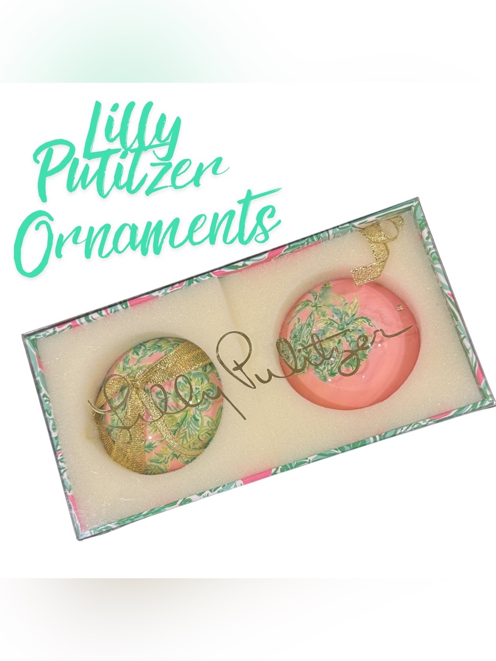 Lilly Pulitzer Christmas Ornaments Set of 2 Pink Floral Glass Baubles New in box